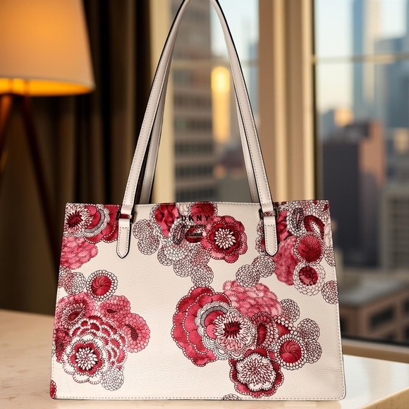 DKNY Floral Purse NWOT,gold pin-mount logo,genuine leather,center zip tote,work - Picture 1 of 9